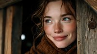 Young Caucasian woman with curly brown hair wearing cozy brown scarf smiling warmly in rustic wooden cabin interior during winter season for lifestyle content.