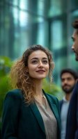 Young Mediterranean businesswoman with curly hair wearing green blazer smiles confidently during outdoor corporate meeting. Modern office building background creates professional atmosphere.