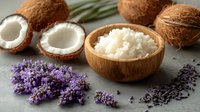 Fresh coconut oil in wooden bowl with lavender flowers and whole coconuts on gray background. Natural organic skincare ingredient.