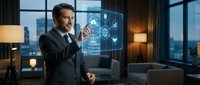 Professional businessman interacting with futuristic holographic interface displaying digital icons in modern office environment with city skyline view.