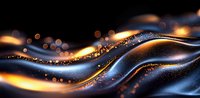 Luxurious dark waves with glowing golden particles and bokeh lights creating elegant flowing abstract background with sparkles and luminous effects.