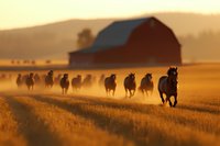 Wild horses galloping across golden field at sunset with silhouette of barn in background, creating dramatic atmospheric scene in warm evening light.