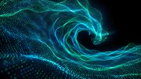 Glowing turquoise digital wave made of particles flowing across dark background, suitable for technology, data visualization, and digital design projects.
