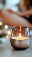 Glowing candle in water-droplet covered glass holder against soft bokeh lights creates cozy atmosphere. Pine branches add festive winter mood.