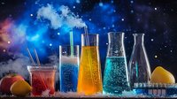 Colorful laboratory glassware with vibrant liquids and smoke against dark starry background, featuring beakers and flasks filled with red, yellow and blue solutions.