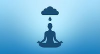 Meditation silhouette with rain cloud above on blue gradient background for wellness and mindfulness concepts.