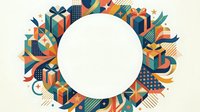 Colorful gift boxes and festive ribbons arranged in a circular frame with white center space, featuring geometric patterns and vibrant orange, blue, and green tones for holiday greeting cards and seasonal promotional designs.