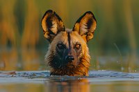 African wild dog swimming in water with alert ears and intense gaze, natural habitat with blurred green background.