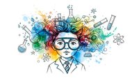 Young scientist with glasses and colorful explosive hair surrounded by chemistry laboratory equipment and molecular structures on white background.