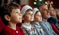 Family watching Christmas performance together, children wearing festive sweaters and Santa hat gazing upward with wonder, warm holiday atmosphere with bokeh lights.