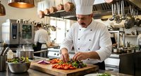 Professional chef in white uniform and hat preparing fresh vegetables on wooden cutting board in busy commercial restaurant kitchen.