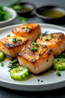 Seared sea scallops with caramelized crust served on white plate with fresh cucumber slices, green onions and herbs. Close up view of gourmet seafood dish.