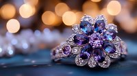 Luxury floral-shaped ring with blue and purple sapphires surrounded by diamonds on blurred bokeh background, elegant jewelry macro photography.