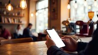 Person using smartphone with blank white screen in cozy coffee shop cafe interior with warm lighting and blurred background for mockup applications.