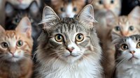 Curious cats with attentive expressions looking at camera, group of domestic felines with fluffy fur and bright eyes showing different personalities and reactions.