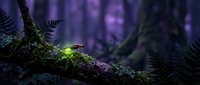 Glowing firefly on a moss-covered branch in a dark mystical forest with purple hues and ferns, creating an enchanting night scene.