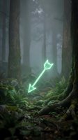 Glowing green arrow floating in misty forest with moss-covered trees and ferns creating mystical atmosphere for fantasy gaming and adventure concepts.