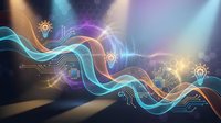 Abstract digital waves with glowing lightbulbs and circuit patterns representing innovation, technology and creative ideas on colorful gradient background.