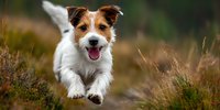 Small energetic Jack Russell Terrier dog running outdoors with tongue out showing joy and playfulness in natural grass field setting for pet care content.