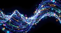 Abstract digital wave with glowing particles and light trails on black background for technology and data visualization concepts.
