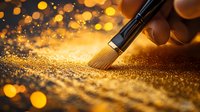 Makeup brush sweeping golden glitter powder with magical bokeh light effects and sparkles on dark background, creating ethereal cosmetic artistry glow.
