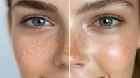 Close up portrait showing facial skin before and after freckle removal treatment, demonstrating cosmetic procedure results with split screen comparison.