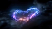 Glowing electric heart shape with blue and purple energy flames against dark cosmic background for romantic designs and love concepts.
