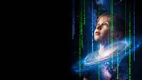 Young woman gazing upward surrounded by digital matrix code streams and cosmic space elements on dark background for technology concepts.