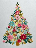 Watercolor floral Christmas tree with pink poinsettias, red berries, teal flowers, and gold accents on white textured paper.