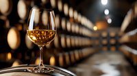 Glass of golden white wine in cellar with oak barrels in background, selective focus on wineglass, warm ambient lighting creates luxury wine tasting atmosphere.