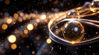 Glowing sphere with luminous orbital rings floating in dark space surrounded by golden bokeh lights and magical sparkles creates cosmic atmosphere.