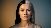 Young woman face split showing aging process from youth to elderly with wrinkles and gray hair transformation concept for skincare and time passage.