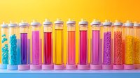 Colorful laboratory test tubes filled with vibrant liquids and pills in pink, yellow, purple, and blue hues arranged in row against bright yellow background.