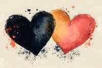 Two textured hearts in black and coral pink with watercolor splatter effects on beige background, artistic grunge style illustration for romantic designs and valentines.