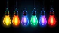 Glowing light bulbs in rainbow colors hanging against dark background, illuminating with vibrant neon effect. Creative concept for innovation and ideas.