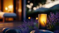 Glowing candle lantern among blooming lavender flowers at dusk, creating romantic garden atmosphere with soft bokeh lights and cozy evening ambiance.