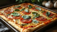 Fresh homemade pizza with melted mozzarella, sliced tomatoes, and basil leaves on baking sheet, close up view showing crispy crust and bubbling cheese.