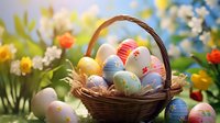 Colorful Easter eggs in wicker basket with spring flowers and soft bokeh background for holiday celebration and seasonal decoration projects.