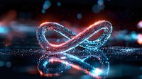 Glowing infinity symbol with particles and light trails reflecting on dark surface, neon blue and red colors create magical atmosphere with bokeh effect.
