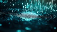 Digital fingerprint with glowing circuit pattern and particles on dark background represents biometric security and personal data protection technology.