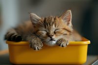 Sleepy ginger cat with closed eyes resting head and paws on edge of yellow plastic container, showing peaceful expression and fluffy fur in soft lighting.
