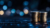 Stacked coins on dark surface with blurred blue bokeh lights in background creating atmospheric financial concept for wealth, savings and investment.