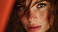 Close-up portrait of young Caucasian woman with freckles and wavy brown hair against warm orange background for beauty and skincare concepts.