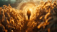 Silhouette of person walking through golden wheat field at sunset, sunlight creating magical atmosphere with dust particles and warm backlighting in nature.