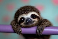 Adorable baby sloth hanging on purple bar against blurred turquoise and pink background, showing characteristic facial markings and gentle expression.