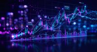 Financial market data visualization with glowing charts and graphs on dark blue background showing trading analytics and investment trends.