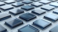 Metallic square tiles arranged in diagonal rows creating modern technological pattern with depth effect and reflective surfaces in blue-gray tones.