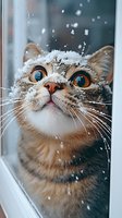 Close-up portrait of ginger cat with snow on head looking up through window. Bright eyes and curious expression capture winter wonder and playful feline nature.