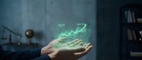 Businessman hand displaying holographic green growth chart with upward trending arrow in modern office environment for financial success presentations.