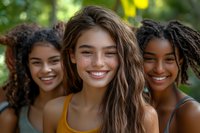 Three diverse young women with natural makeup and genuine smiles outdoors in sunlight, showcasing friendship, inclusivity and authentic joy against blurred green foliage.